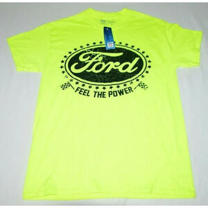 Ford "Feel the Power" Neon Yellow Black Letter T-Shirt Mens M Official Brand NWT